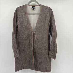 Eileen Fisher Linen Cotton Tie Front Tunic Womens S-Pet Oatmeal Tweed Minimalist